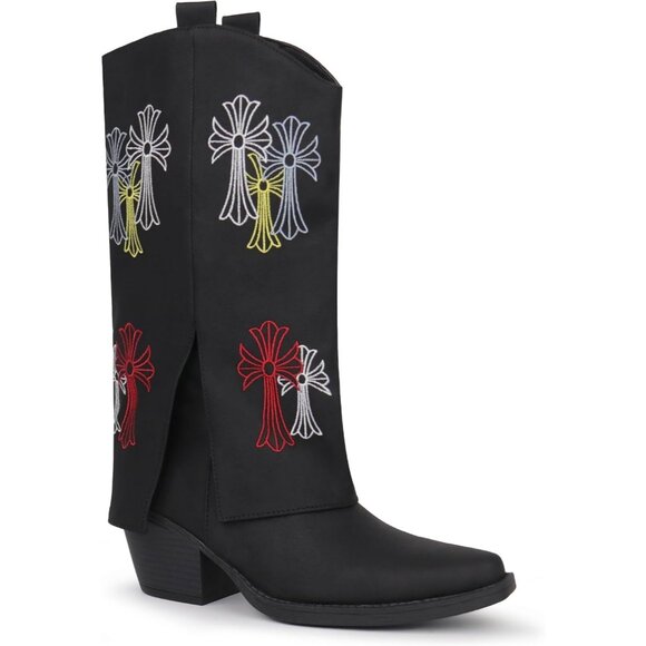 ⚡ Women Black Synthetic Cowgirl Chunky Heel Mid Calf Snip Toe Side Zip Boots - Picture 6 of 6